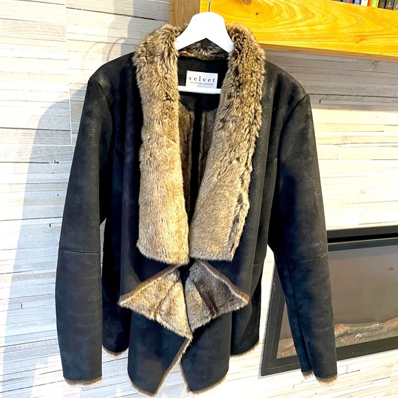 VELVET by Graham & Spencer Faux suede shearling jacket shawl collar tie front - Picture 1 of 5